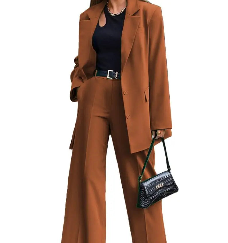 Solid Turn-Down Collar Coat & Wide Leg Trousers