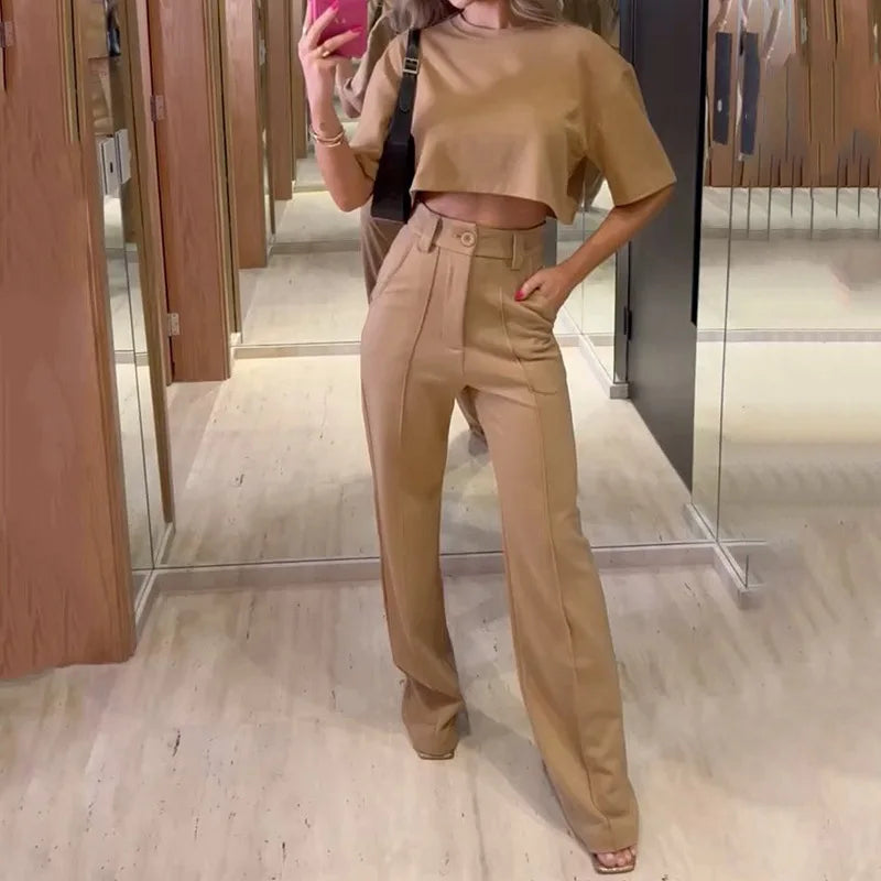 Two-Piece Set: O-Neck Cropped Top and High-Waist Straight Trousers