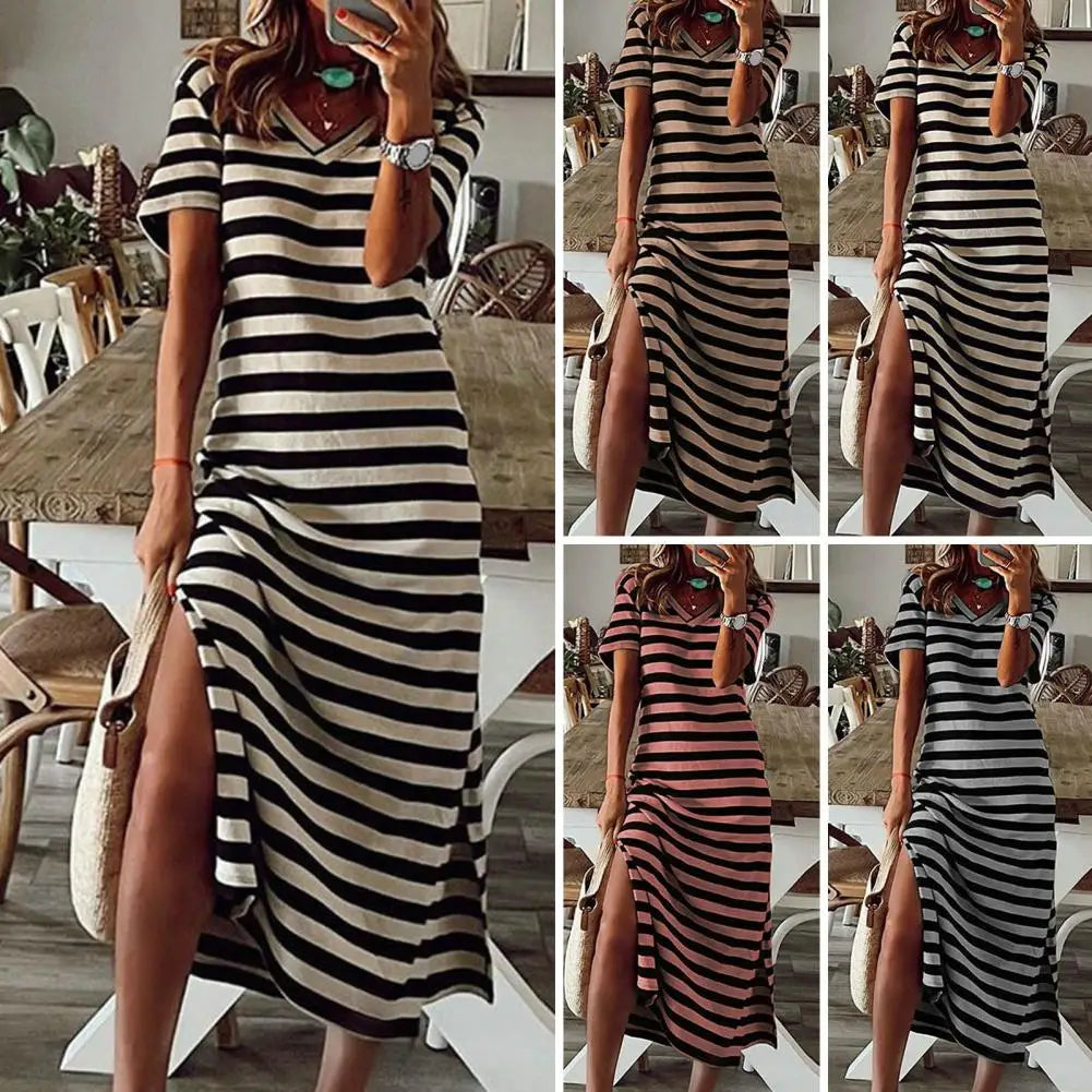 Summer Dresses 2024 Woman Plus Size Dresses For Women Casual Stripe Print V-neck Short Sleeve Loose Long Dress Robe Femme - Mammalook