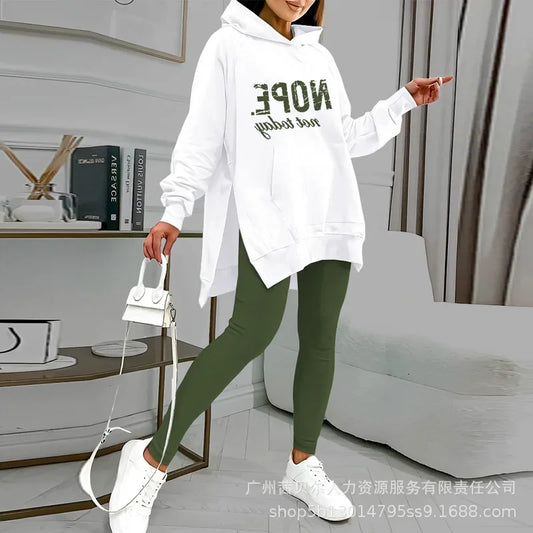 Two-Piece Set: Hooded Sweatshirt with Pocket Slit Sweater Top and Skinny Pencil Pants