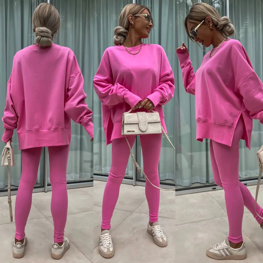 Two-Piece Tracksuit: Solid Loose Sweatshirt with Split Pullover and Pencil Pants