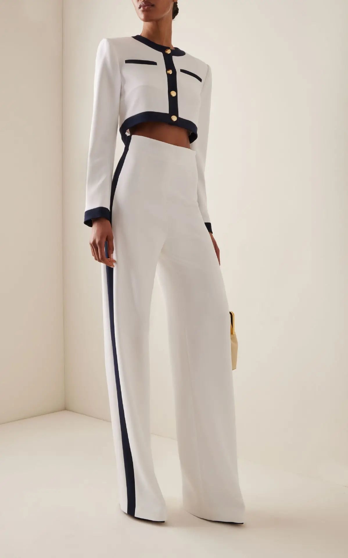 Two-Piece Set: Round Neck Long Sleeve Button-Up Top with Loose Wide-Leg Pants