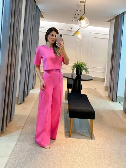 Two-Piece Set: Short Sleeve Top with Wide-Leg Long Pants