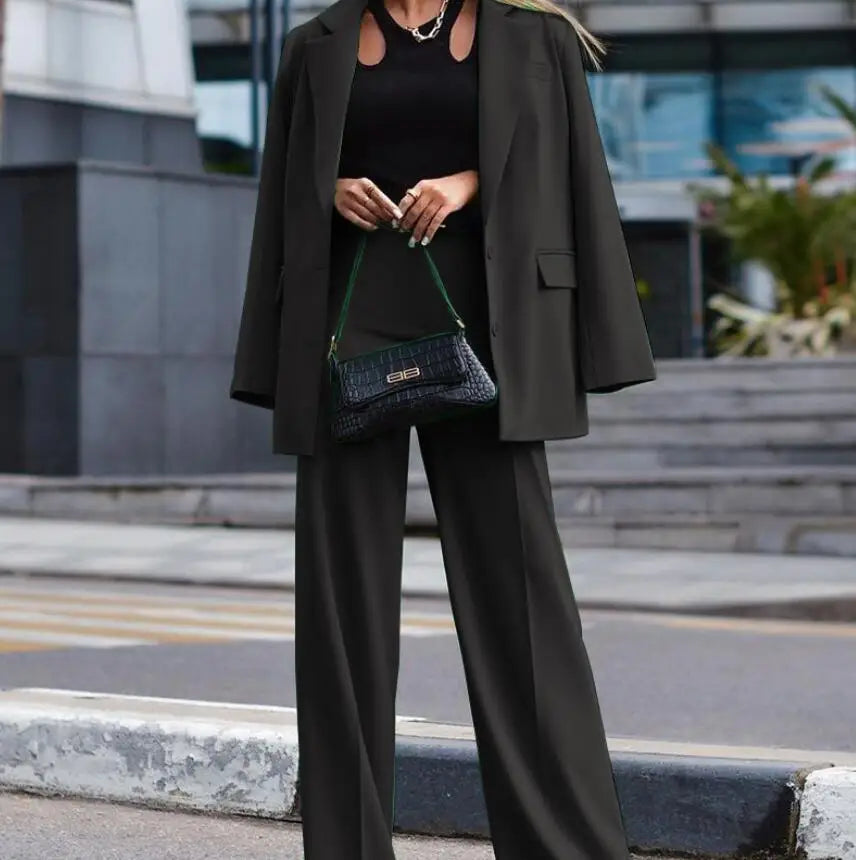 Solid Turn-Down Collar Coat & Wide Leg Trousers