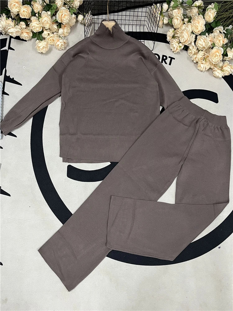 Two-Pieces Sets - Knitted Tracksuit Turtleneck Sweater and Straight Jogging Pants