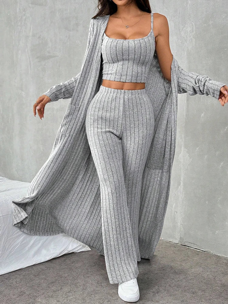 3-Piece Knit Lounge Set – High Waist Flare Pants, Crop Top & Duster Cardigan