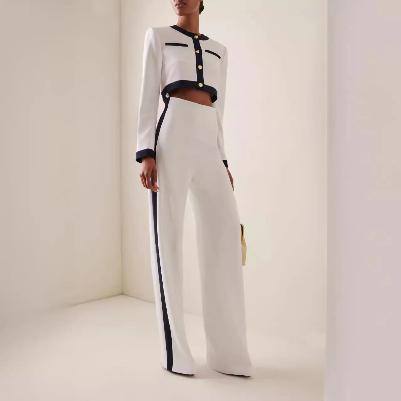 Two-Piece Set: Round Neck Long Sleeve Button-Up Top with Loose Wide-Leg Pants