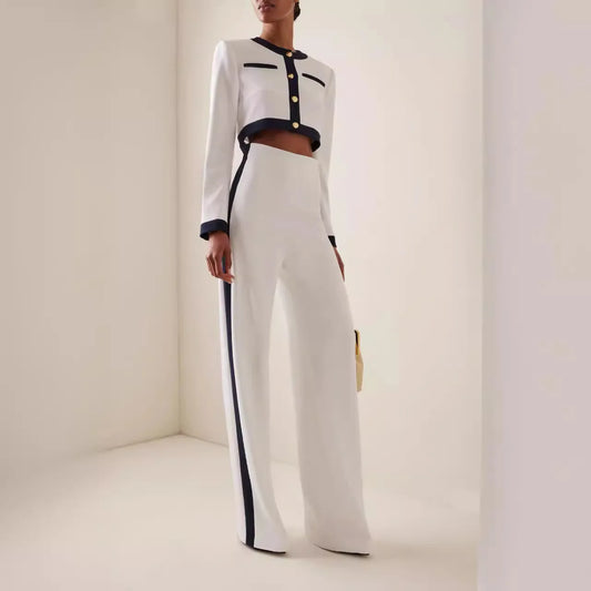 Two-Piece Set: Round Neck Long Sleeve Button-Up Top with Loose Wide-Leg Pants