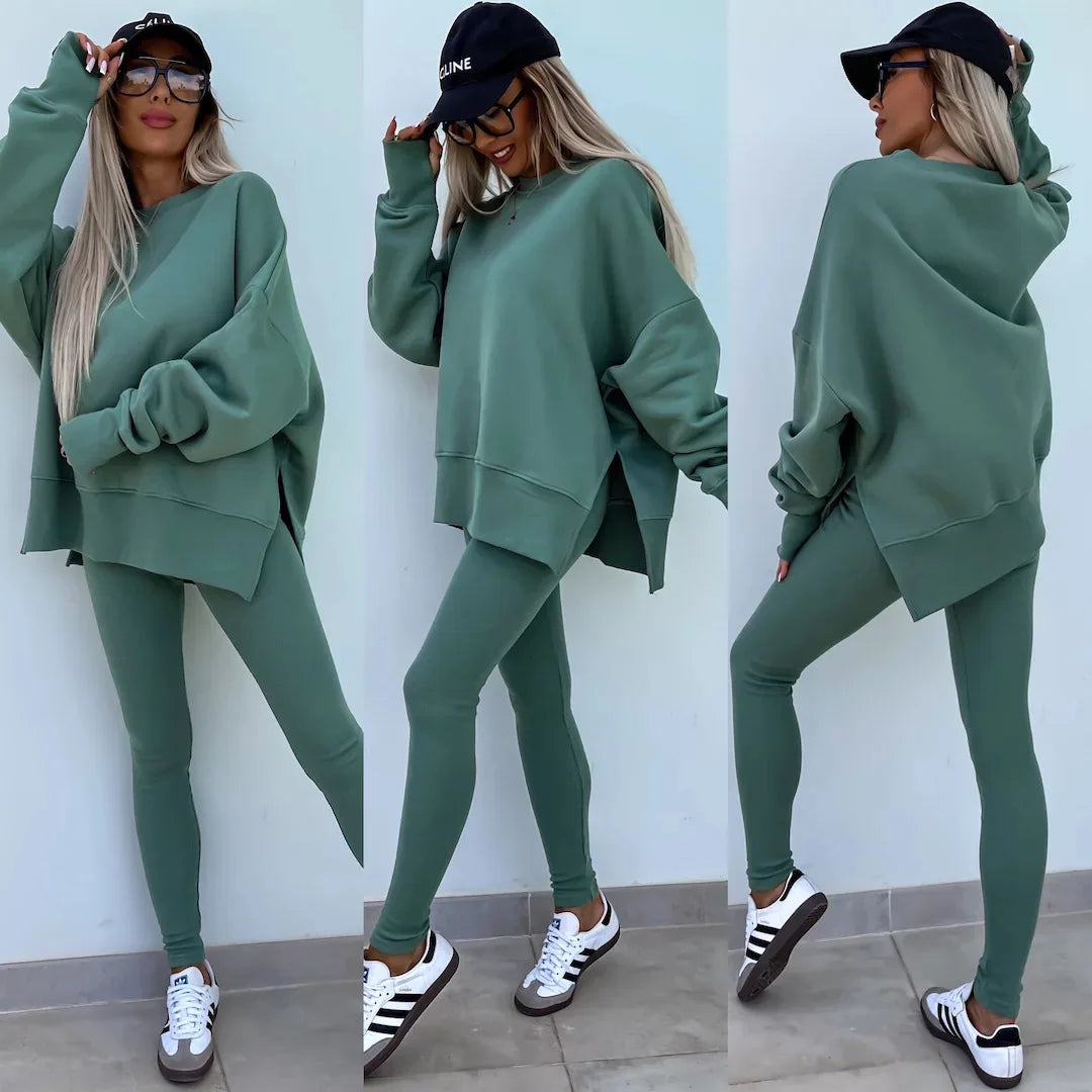 Two-Piece Tracksuit: Solid Loose Sweatshirt with Split Pullover and Pencil Pants