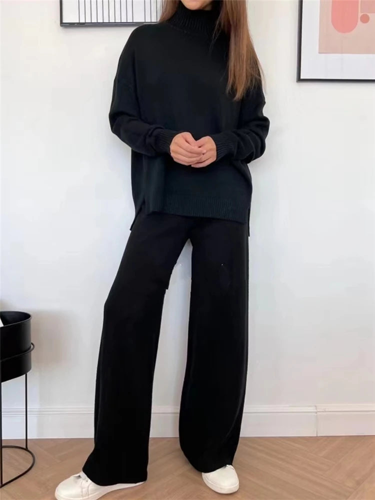 Two-Pieces Sets - Knitted Tracksuit Turtleneck Sweater and Straight Jogging Pants