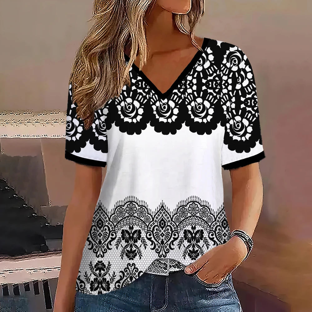 Fashion Women T Shirt Stripes Print Gradient V Neck Short Sleeve Basic Tops Streetwear Summer Oversized Clothing Female T-Shirts - Mammalook
