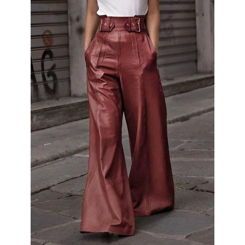 High-Waisted Faux PU Wide-Leg Pants: Loose Trousers with Pockets