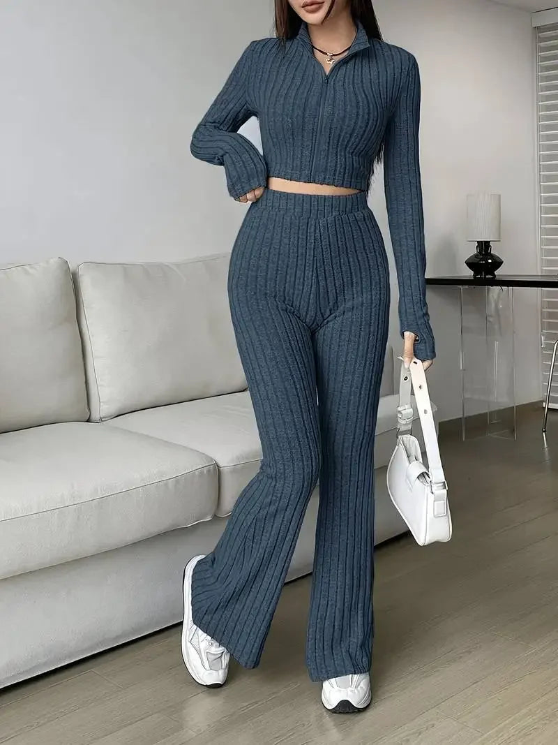 2-Piece Set: Zipper Long Sleeve Cropped Top and High-Waisted Bell-Bottom Pants