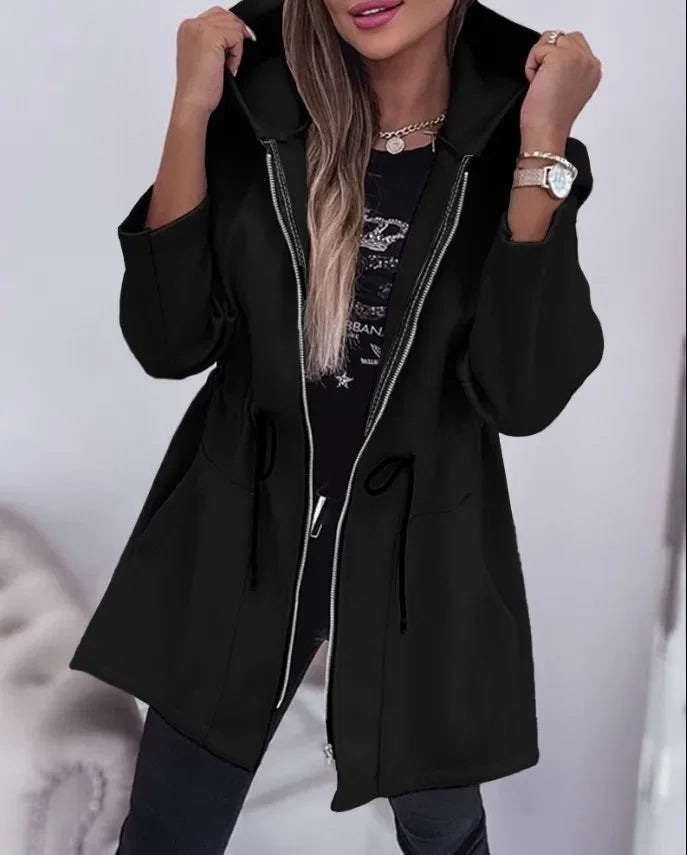 Hooded Zipper Coat - Long Section Pockets