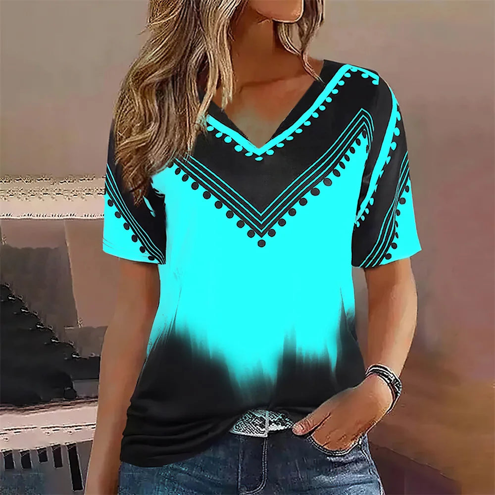 Fashion Women T Shirt Stripes Print Gradient V Neck Short Sleeve Basic Tops Streetwear Summer Oversized Clothing Female T-Shirts - Mammalook