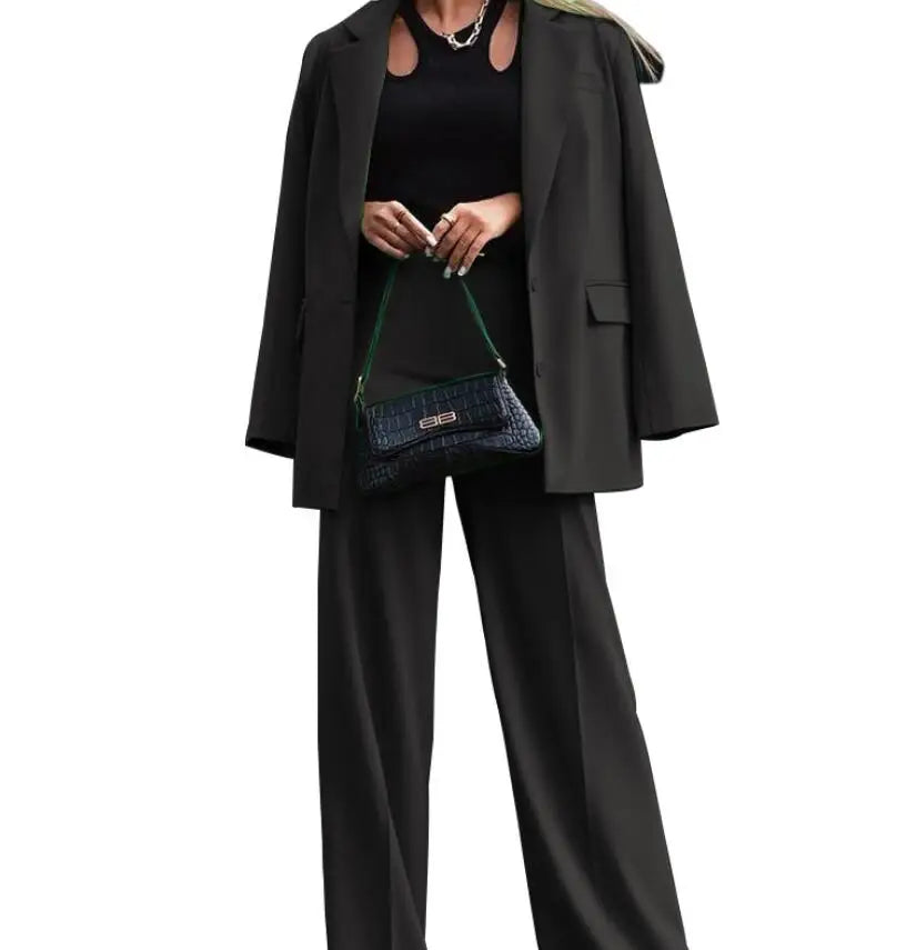 Solid Turn-Down Collar Coat & Wide Leg Trousers