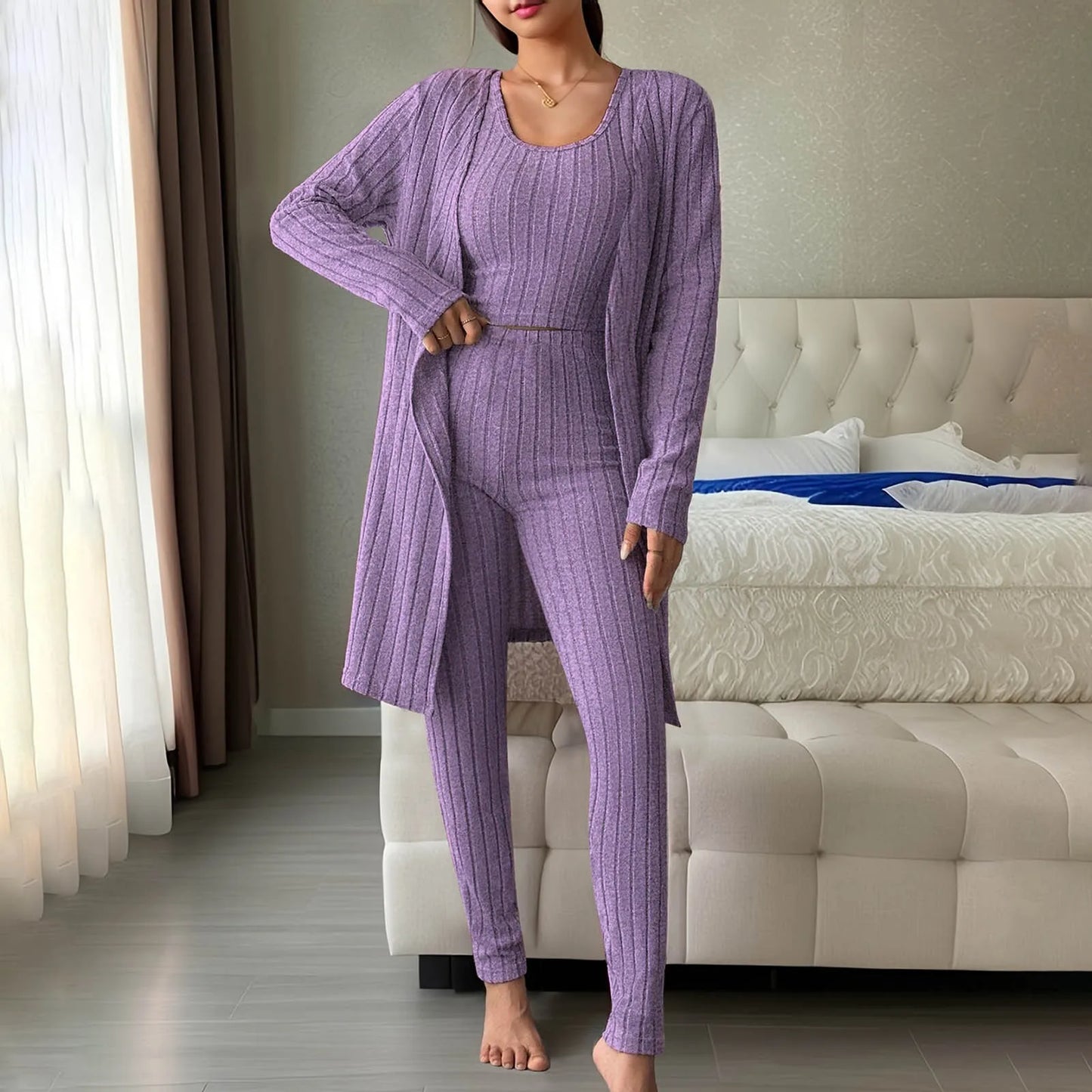 3-Piece Ribbed Knit Pajama Set