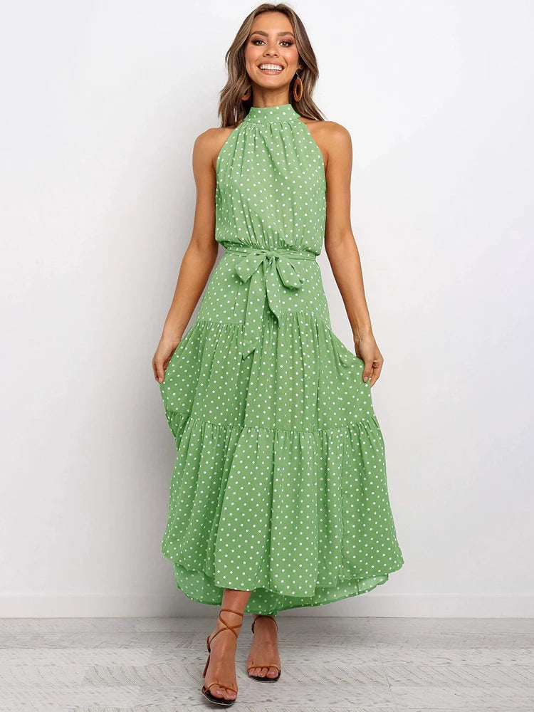 Summer Long Dress Polka Dot Casual Dresses Sexy Halter Strapless New 2024 Yellow Sundress Vacation Clothes For Women - Mammalook