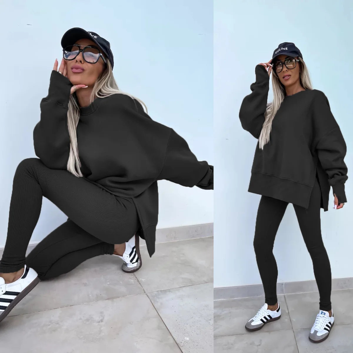 Two-Piece Tracksuit: Solid Loose Sweatshirt with Split Pullover and Pencil Pants