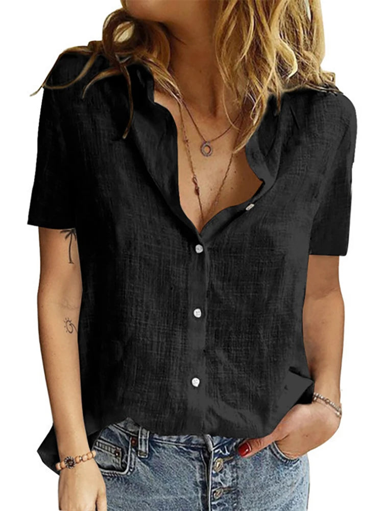Linen Oversized Shirt - Short Sleeve, Loose Blouse