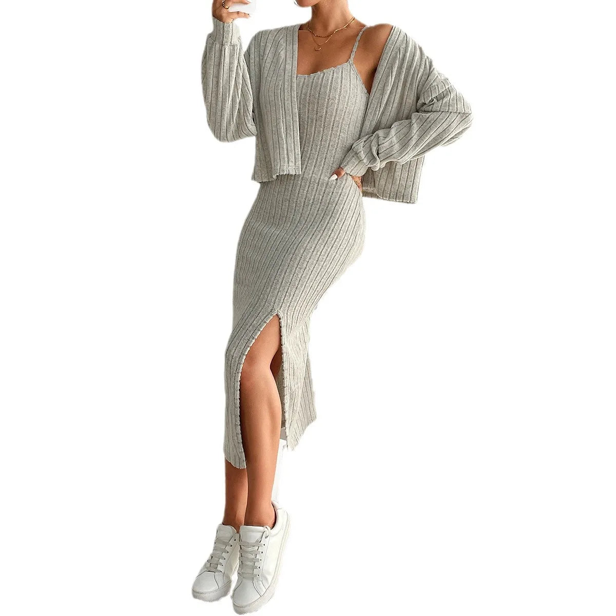 2-Piece Set – Slim Fit Long Sleeve Coat & Suspender Dress