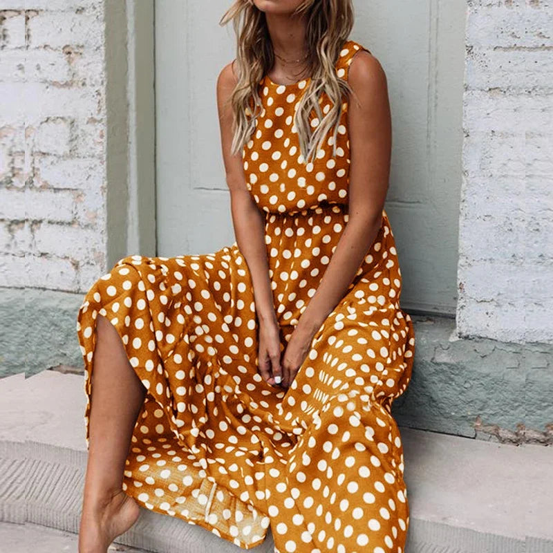 Polka Dot Midi Dress – Sleeveless Boho A-Line Summer Style