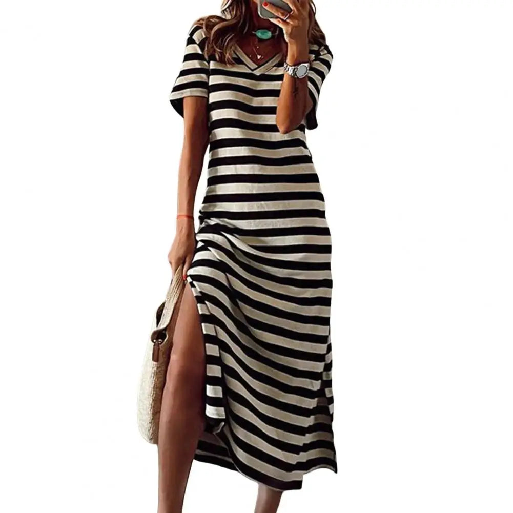 Summer Dresses 2024 Woman Plus Size Dresses For Women Casual Stripe Print V-neck Short Sleeve Loose Long Dress Robe Femme - Mammalook