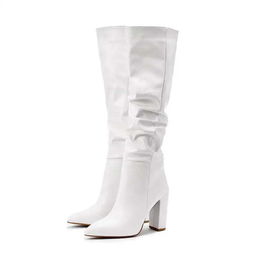 High-quality Leather/suede Pleated Knee-High Boots for Womens Sexy Pointed Toe 10CM Chunky Heels Knight Boots Winter New - Mammalook