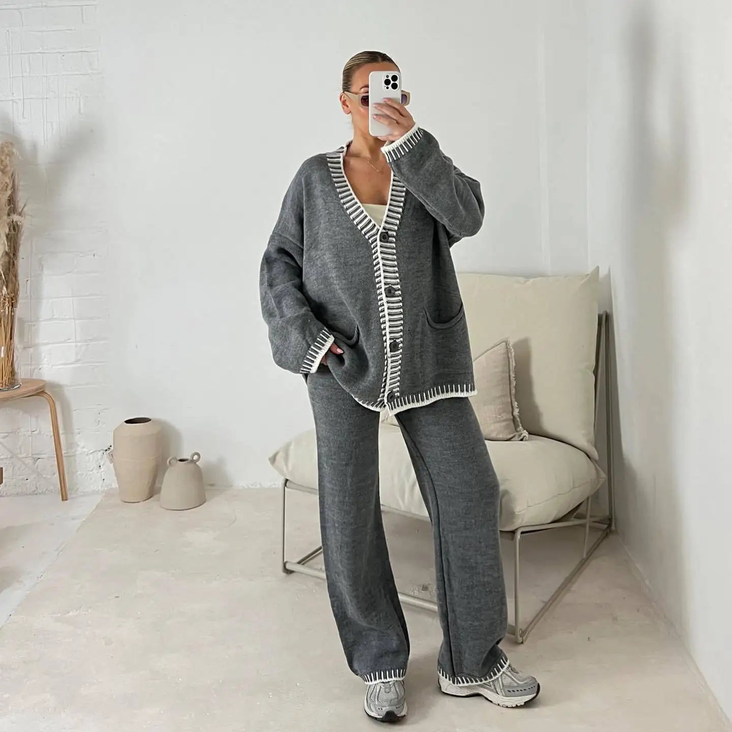 Knitted Single Breasted Two Piece Set