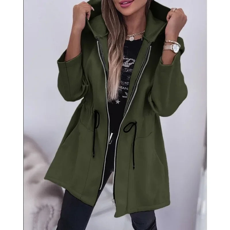 Hooded Zipper Coat - Long Section Pockets