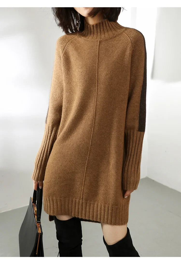 Turtleneck Knitted Sweater Women Pullovers Dress Autumn Winter Warm Thick Jumpers Wool Knit Crochet Y2k Split Jumper Cardigan