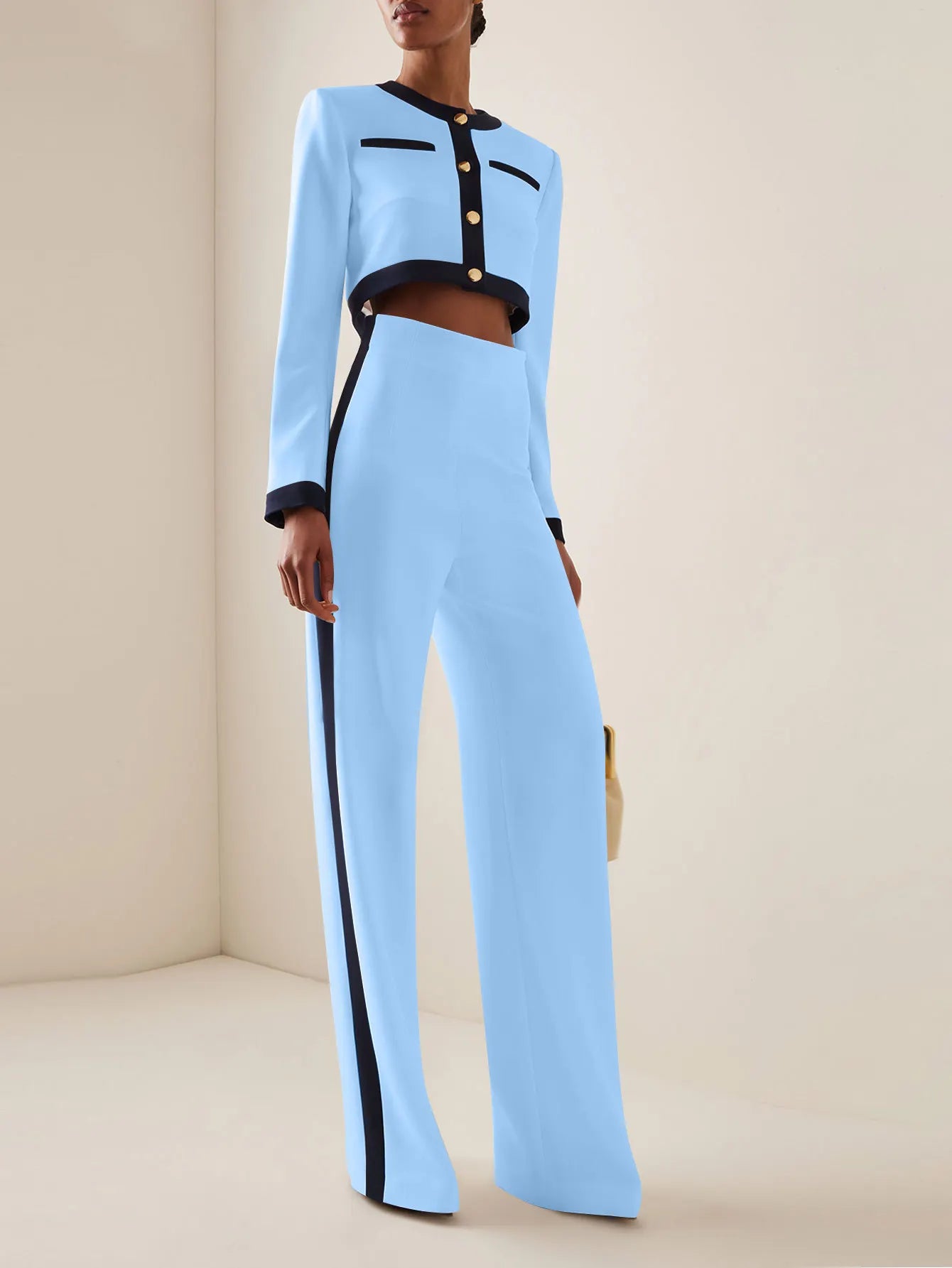 Two-Piece Set: Round Neck Long Sleeve Button-Up Top with Loose Wide-Leg Pants