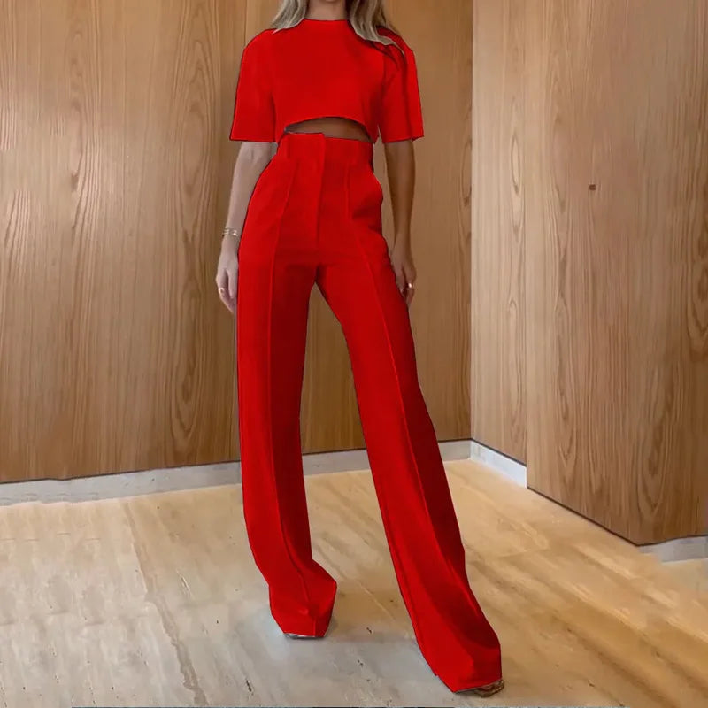 Two-Piece Set: O-Neck Cropped Top and High-Waist Straight Trousers