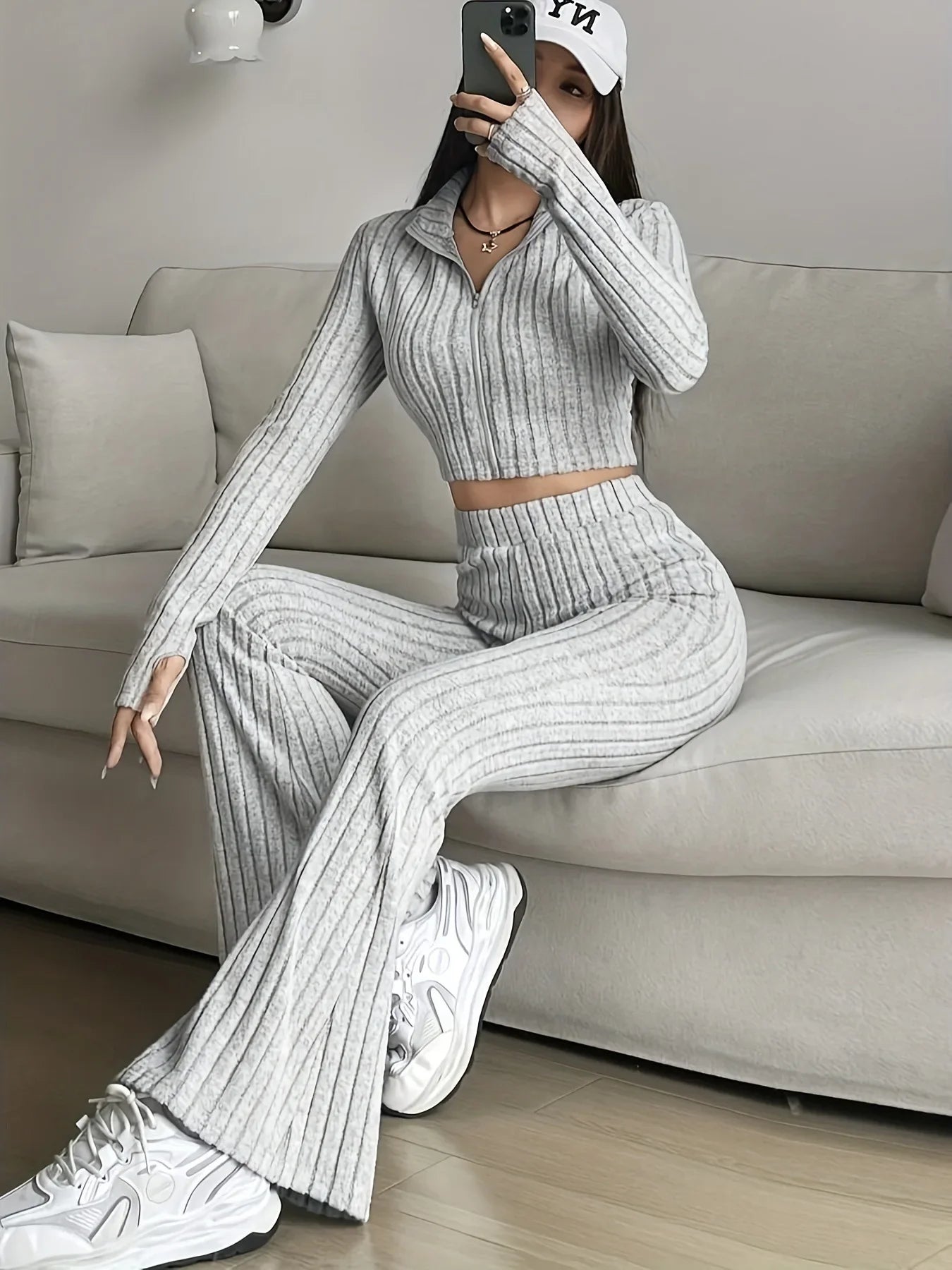 2-Piece Set: Zipper Long Sleeve Cropped Top and High-Waisted Bell-Bottom Pants