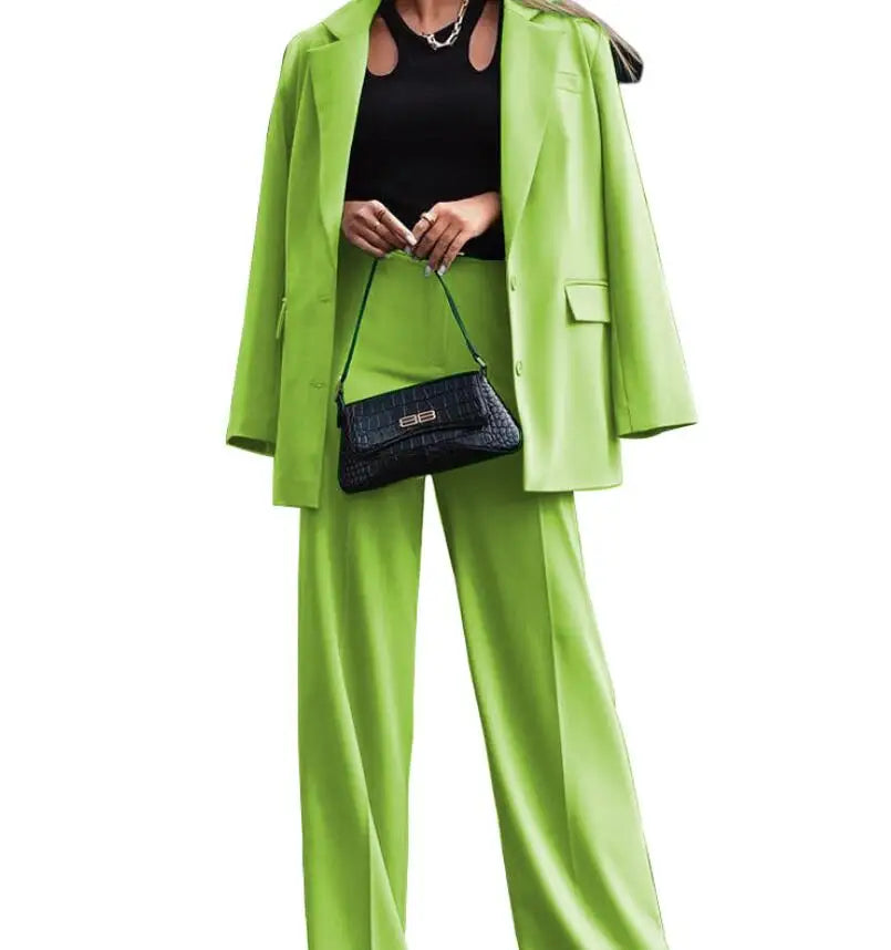 Solid Turn-Down Collar Coat & Wide Leg Trousers