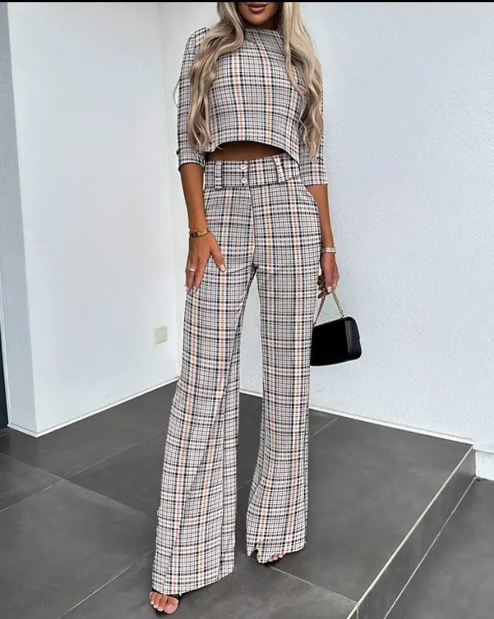 Two-Piece High Neck Top & Flared Trousers Set