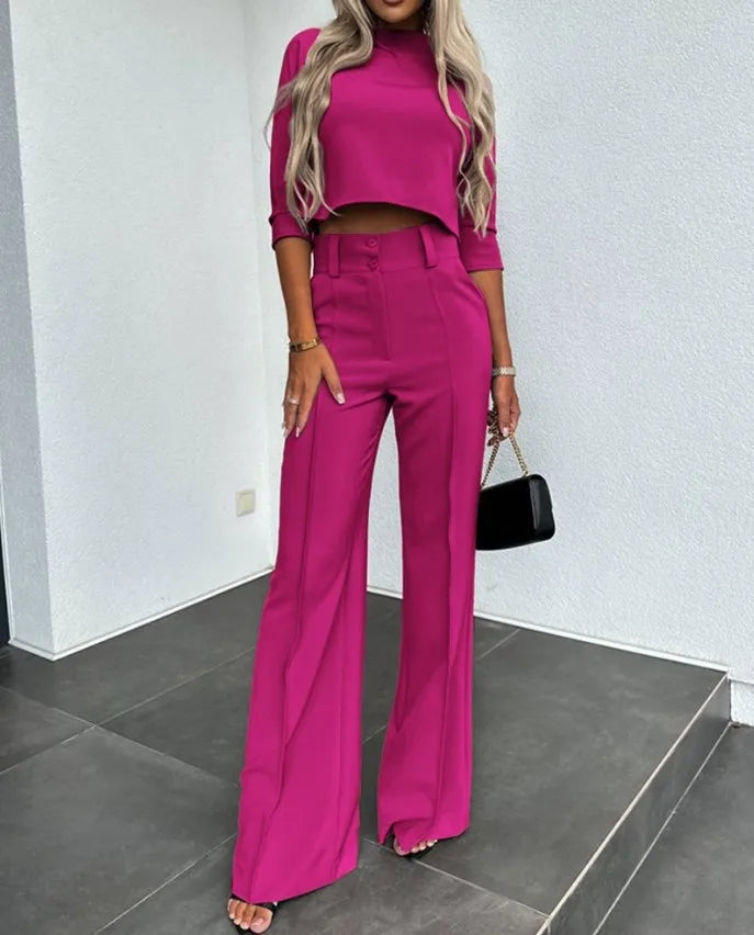 Small High Neck Fit Women's Set Solid Pocket Micro Horn Pants Set for office lady Outfits - Mammalook
