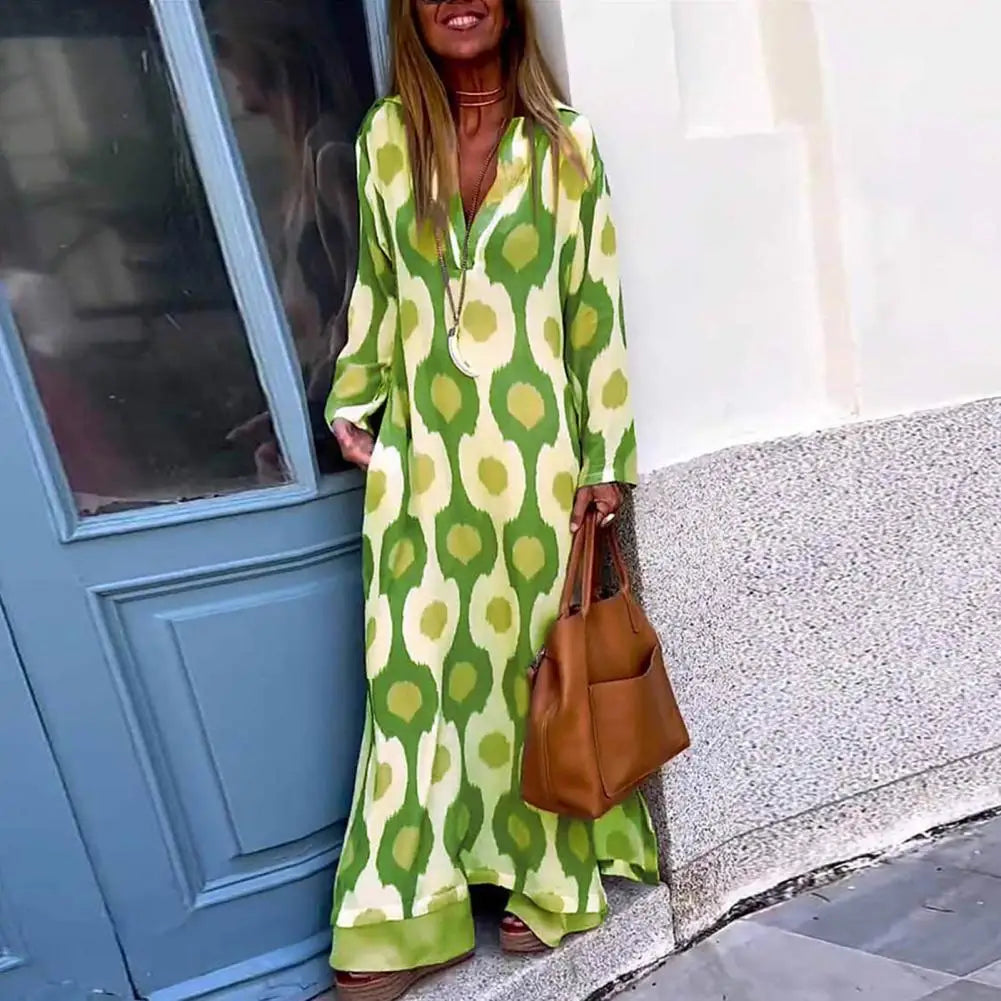 Women Maxi Dress Printing V-neck Beach Dress Hem Slit Contrast Color Maxi Dress Long Sleeves Lady Summer Dress Female Clothes - Mammalook