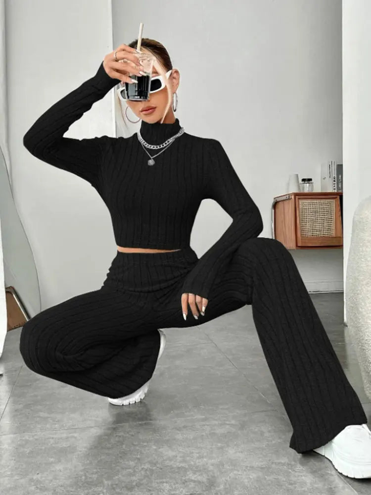 Two Piece Set - Knit Striped Long Sleeve T-Shirt and Pants
