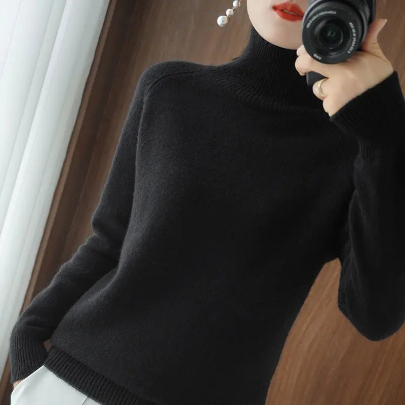 Turtleneck Pullover Fall/winter 2024 Cashmere Sweater Women Pure Color Casual Long-sleeved Loose Pullover Bottoming Women's - Mammalook