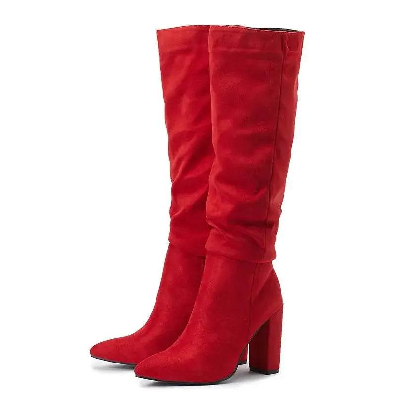 High-quality Leather/suede Pleated Knee-High Boots for Womens Sexy Pointed Toe 10CM Chunky Heels Knight Boots Winter New - Mammalook