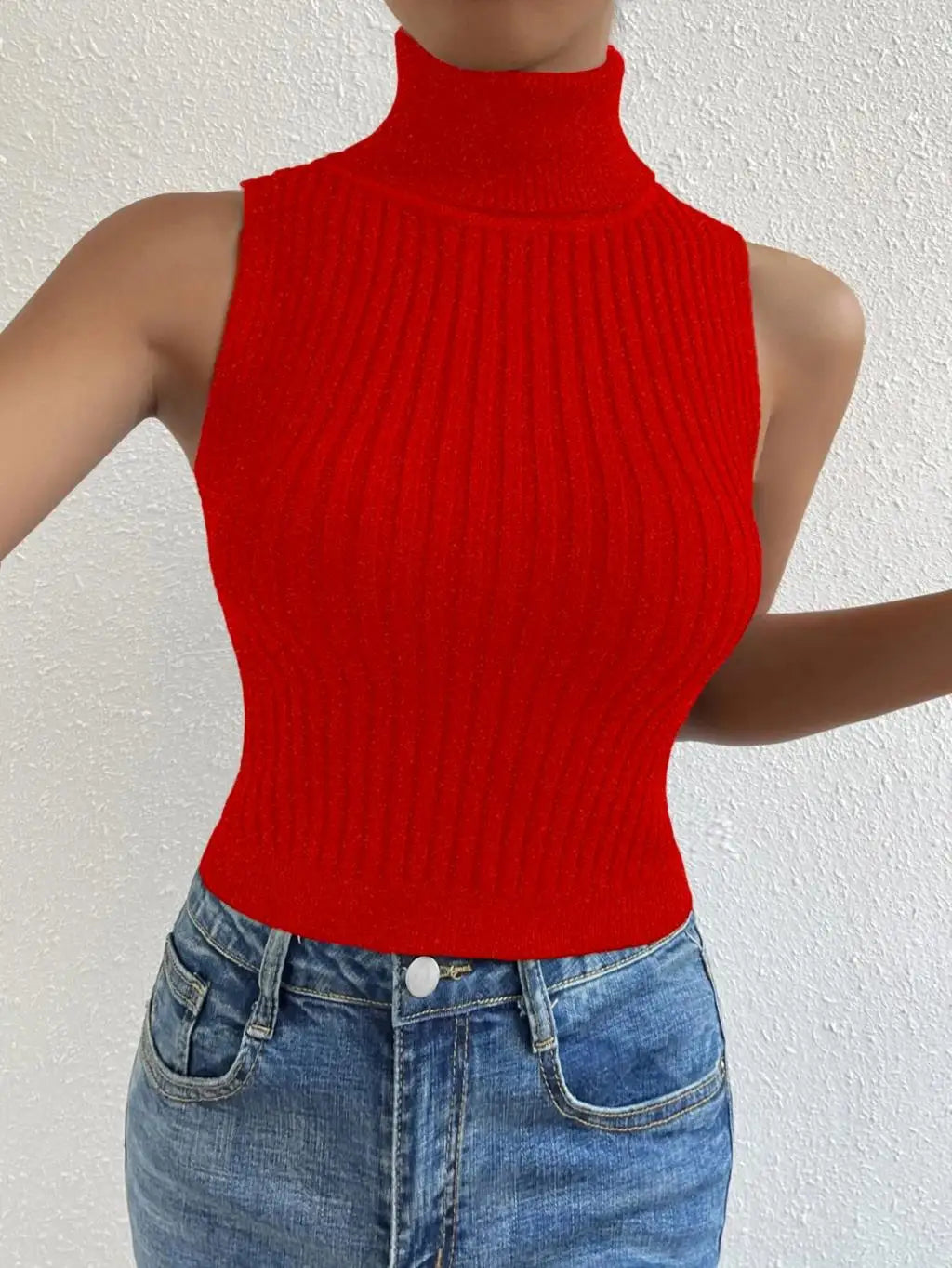 Turtleneck Sleeveless Ribbed Knit Top
