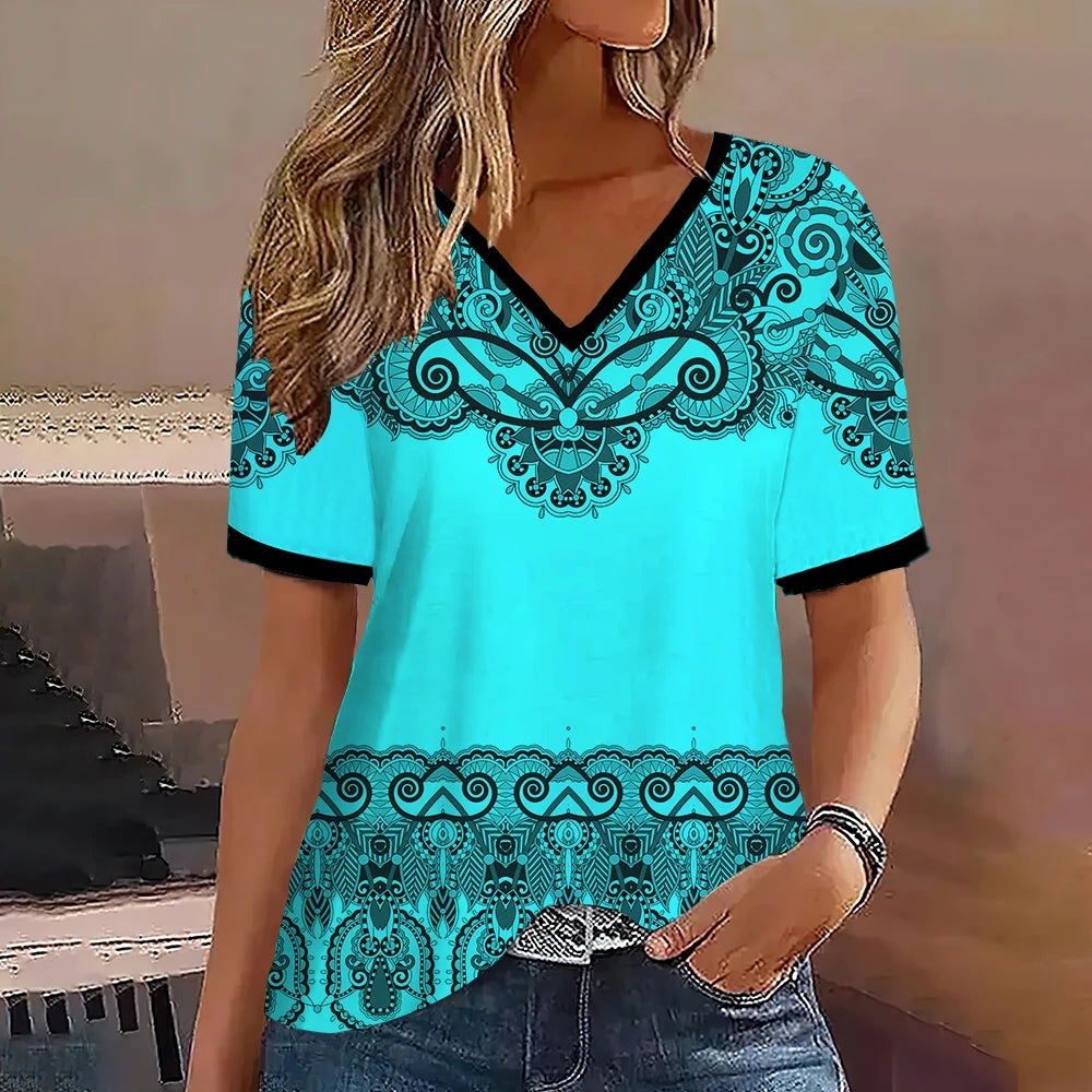 Fashion Women T Shirt Stripes Print Gradient V Neck Short Sleeve Basic Tops Streetwear Summer Oversized Clothing Female T-Shirts - Mammalook