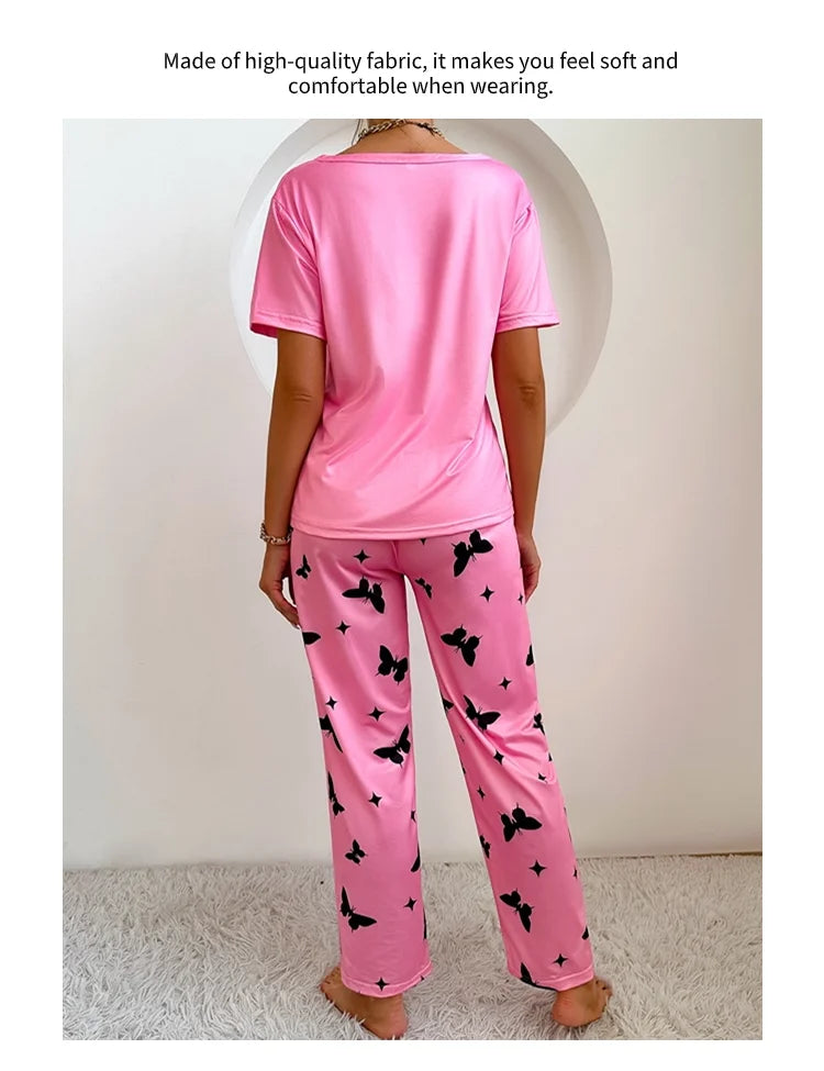 Pajamas Sets - Short Sleeve Tops With Pants Set Butterfly Printing