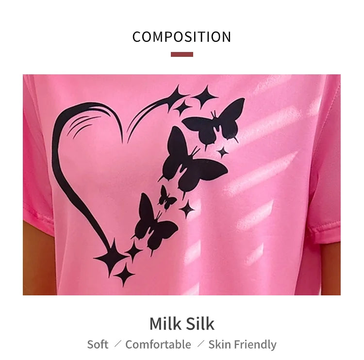 Pajamas Sets - Short Sleeve Tops With Pants Set Butterfly Printing