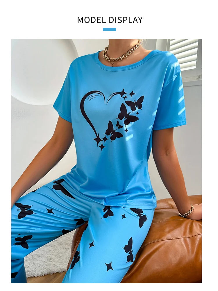 Pajamas Sets - Short Sleeve Tops With Pants Set Butterfly Printing