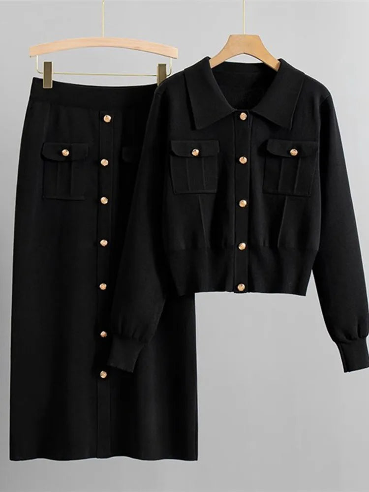 2-Piece Knit Set: Lapel Cropped Knitwear Pullover Top with Wrap-Style Ankle-Length Skirt Tracksuit