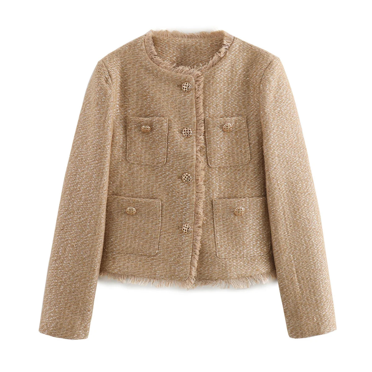 Women’s Chic Tweed Jacket – Long Sleeve Wool-Blend Buttoned Coat