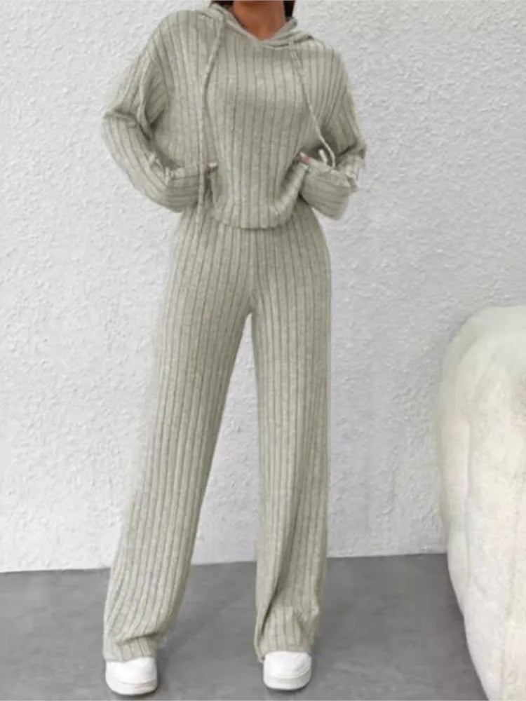 Two-piece Set - Casual Knitted Striped Hooded Sweatshirt Loose Long Sleeved, Long Pants