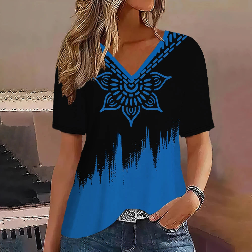 Fashion Women T Shirt Stripes Print Gradient V Neck Short Sleeve Basic Tops Streetwear Summer Oversized Clothing Female T-Shirts - Mammalook